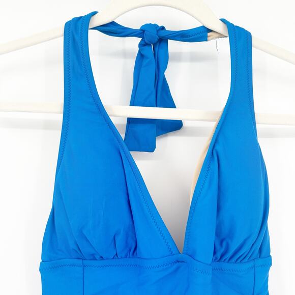 J Crew Womens Beach Tropical Summer Ruched Halter One Piece Swimsuit Size 2 Blue - Picture 2 of 9